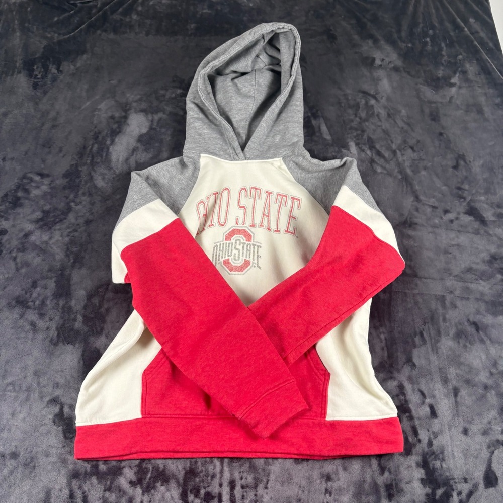 Champion Ohio State Hoodie Youth Medium Red White Grey Colorblock Raglan Fleece